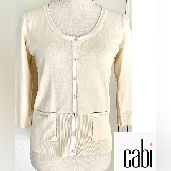 CAbi Tan Cardigan w/ Ribbon Edging - Picture 7 of 15